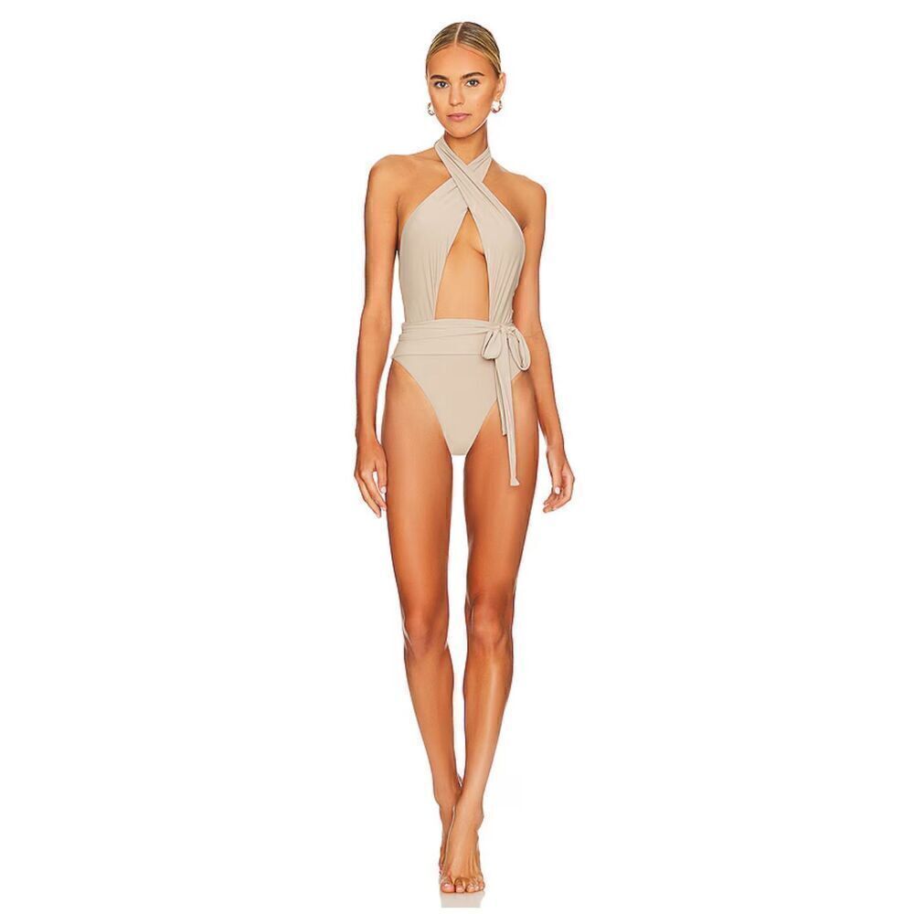 PQ Swim Women's L Alex One Piece Halter Cutout Swimsuit Oyster Beige Trendy New